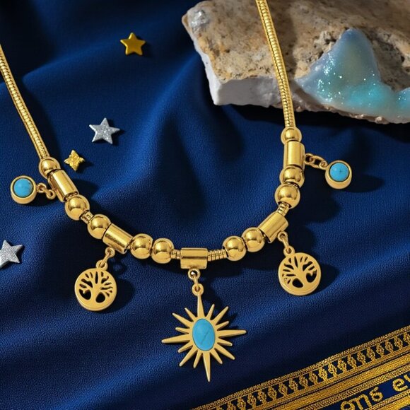🆕18K Gold Plated Stainless Steel Turquoise Necklace Sun Tree Of Life Charms - Picture 13 of 15